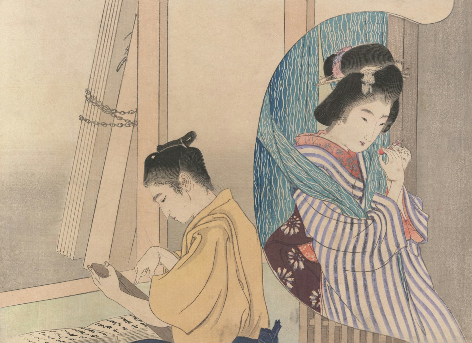 Traditional Japanese woodblock print of a woman writing a letter at a desk while another woman looks into a mirror