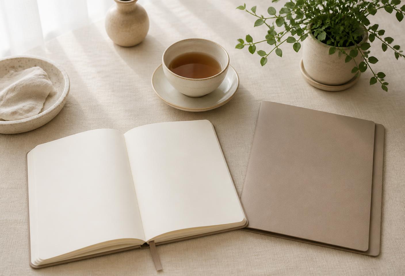 Temporary placeholder image: an open blank notebook, a folder and a cup of tea on a linen desk